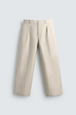 ZARA БРЮКИ STRAIGHT FIT ИЗ ХЛОПКА И ЛИОЦЕЛЛА, ПЕСОЧНЫЙ