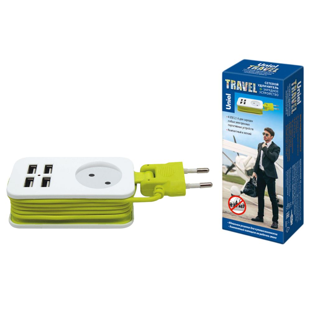 S-CT1-1.5U WHITE-GREEN Удлинитель серии Travel. шнур 1.5м.. 1 гнездо. 10A. б-з. 4USB2.1A. Белый с салатовым. ТМ Uniel