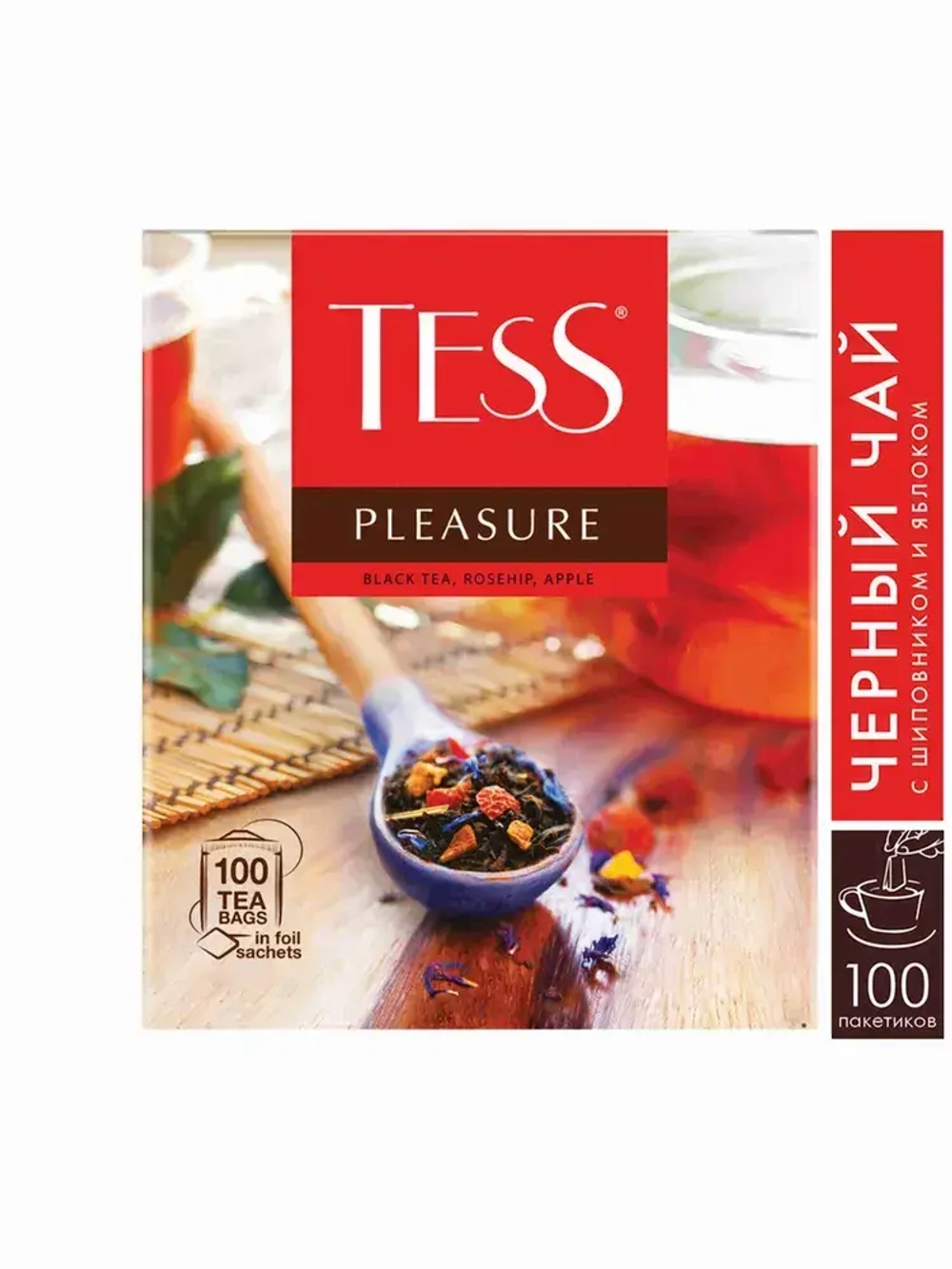 Черный чай с шиповником и яблоком Pleasure в пакетиках, 100 шт