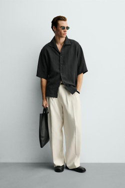 ZARA ЖАККАРДОВАЯ РУБАШКА BOXY FIT В ПОЛОСКУ, ЧЕРНЫЙ