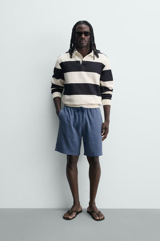 ZARA БЕРМУДЫ RELAXED FIT ИЗ ВИСКОЗЫ И ЛЬНА, ГОЛУБОЙ