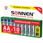 Батарейки комплект 10 шт. SONNEN Super Alkaline АА (LR6 15А) алкалиновые пальчиковые в коробке (6 штук в упаковке)