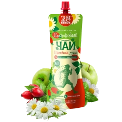 Ромашковый чай «Колд брю» Шиповник и Мята 28SEEDS, 250 мл, дой-пак на фоне ромашки, плодов шиповника и листьев мяты