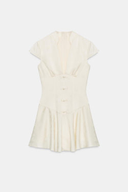 ZARA МИНИ-ПЛАТЬЕ ИЗ ЖАККАРДОВОГО АТЛАСА НА ПУГОВИЦАХ, ЭКРЮ