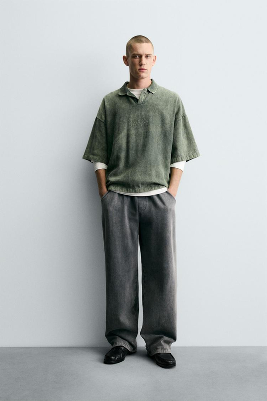 ZARA ПОЛО ИЗ РЕЛЬЕФНОЙ ТКАНИ С ЭФФЕКТОМ ПОТЕРТОСТИ, ЗЕЛЕНЫЙ