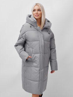 Пальто летучая мышь женское с капюшоном зимнее серого цвета 9619Sr