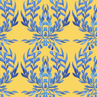 Синий узор на желтом. Дамаск