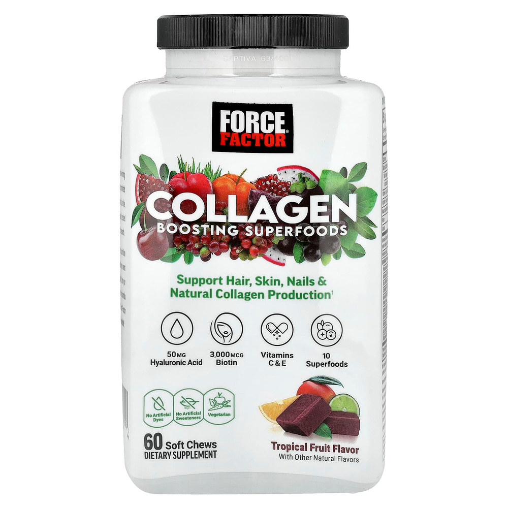 Force Factor, Суперпродукты для повышения уровня коллагена, тропические фрукты, 60 жевательных таблеток
