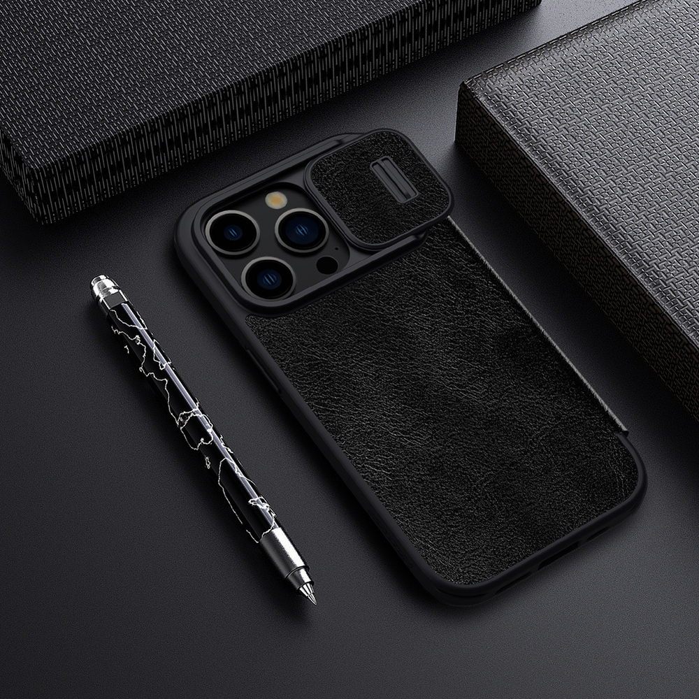 Кожаный чехол книжка черного цвета от Nillkin для iPhone 15 Pro Max, серия Qin Pro Leather с защитной шторкой для камеры