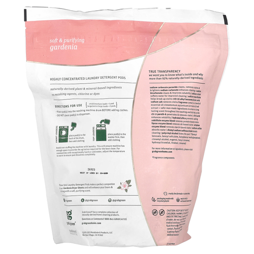 Grab Green, стиральный порошок в капсулах 3-в-1, гардения, на 60 загрузок, 960 г (2 фунта 2 унции)