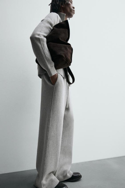 ZARA ШИРОКИЕ ТРИКОТАЖНЫЕ БРЮКИ, СЕРЫЙ МЕЛАНЖ