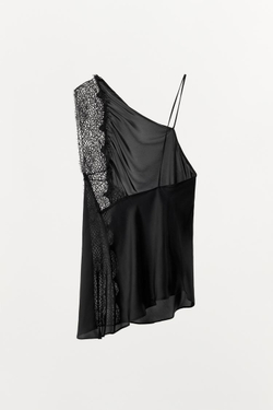 ZARA АТЛАСНЫЙ ТОП АСИММЕТРИЧНОГО КРОЯ С КРУЖЕВОМ, ЧЕРНЫЙ