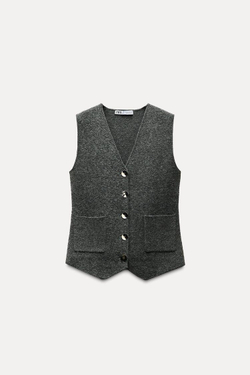 ZARA ТРИКОТАЖНЫЙ ЖИЛЕТ, СВЕТЛО-СЕРЫЙ