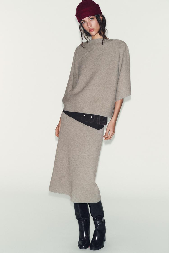 ZARA ВЯЗАНЫЙ ДЖЕМПЕР С ВОРОТНИКОМ НА ЛАЦКАНАХ, ПЕСОЧНЫЙ МЕЛАНЖ