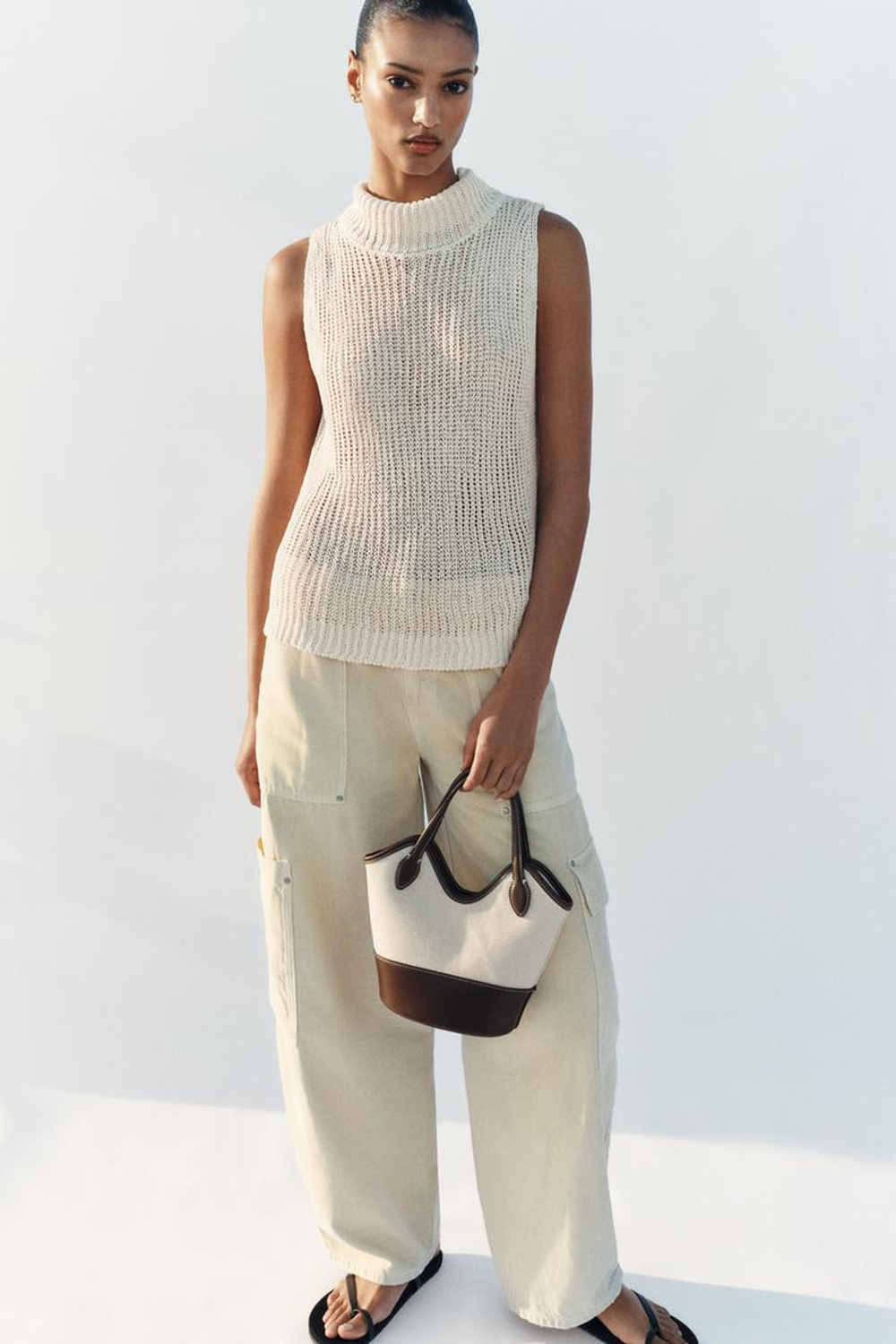 ZARA КОМБИНИРОВАННАЯ ХОЛЩОВАЯ СУМКА, СВЕТЛО-БЕЖЕВЫЙ