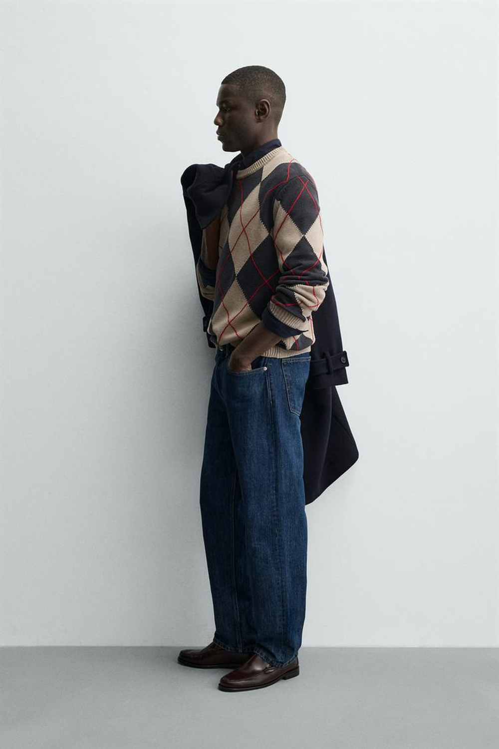 ZARA ЖАККАРДОВЫЙ СВИТЕР С УЗОРОМ «РОМБЫ», РЫЖЕВАТО-КОРИЧНЕВЫЙ