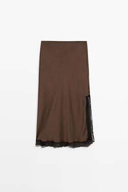 Massimo Dutti Юбка миди с кружевной отделкой, коричневый