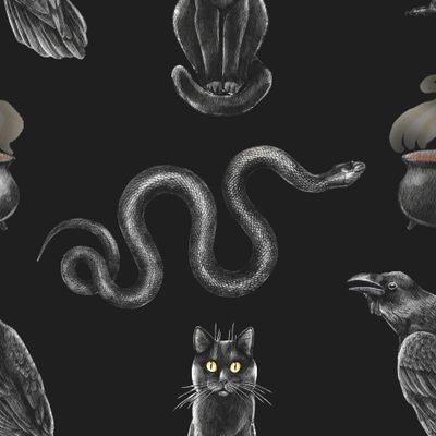 Ведьминский узор с котом, вороном и змеей на черном