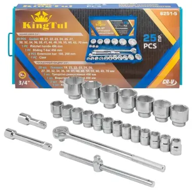 Набор инструментов 25пр. 3/4''(6гр.) (19,21,22,23,24,26,27,30,32,34,36,38,41,46,48,50,55,60,65,70мм) в металл.кейсе KINGTUL KT-6251-5