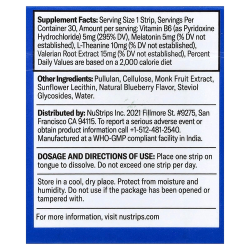 NuStrips, Sleep In A Strip™, голубика, 30 полосок