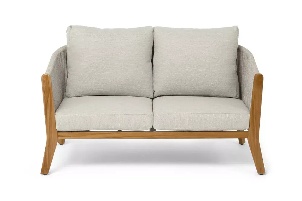 "Сидней" диван 2-местный плетеный из роупа, основание тик, каркас алюминий бежевый, роуп бежевый, ткань бежевая