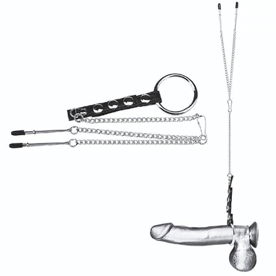 Кольцо на пенис с зажимами на соски 100% PVC STRAP WITH METAL SNAP (Цвет: черный с серебристым)
