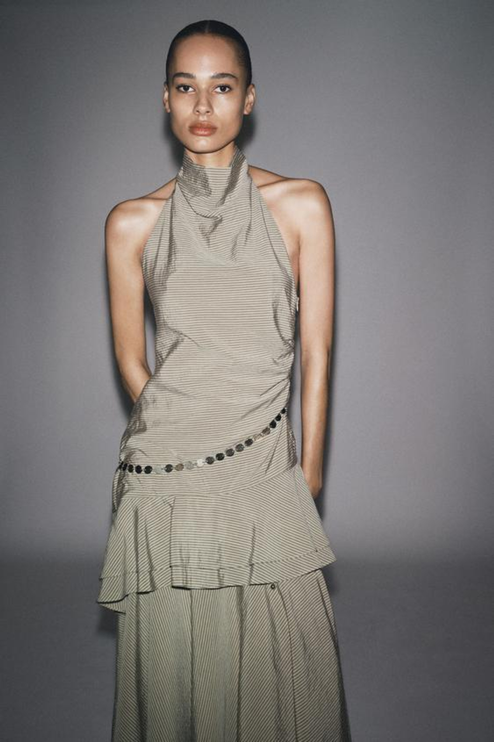 ZARA АСИММЕТРИЧНАЯ ЮБКА МИДИ В ПОЛОСКУ С РЕМНЕМ, БЕЖЕВО-КОРИЧНЕВЫЙ