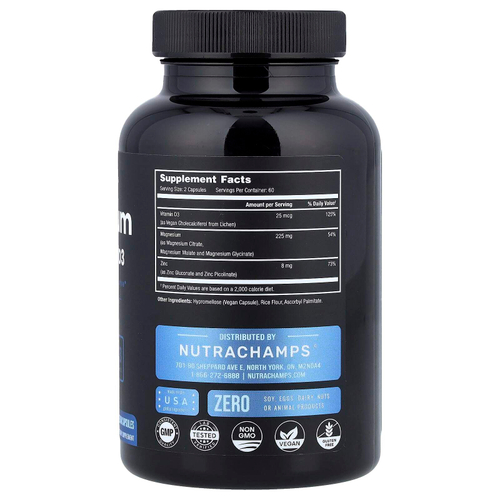 NutraChamps, магний, цинк и витамин D3, 120 веганских капсул
