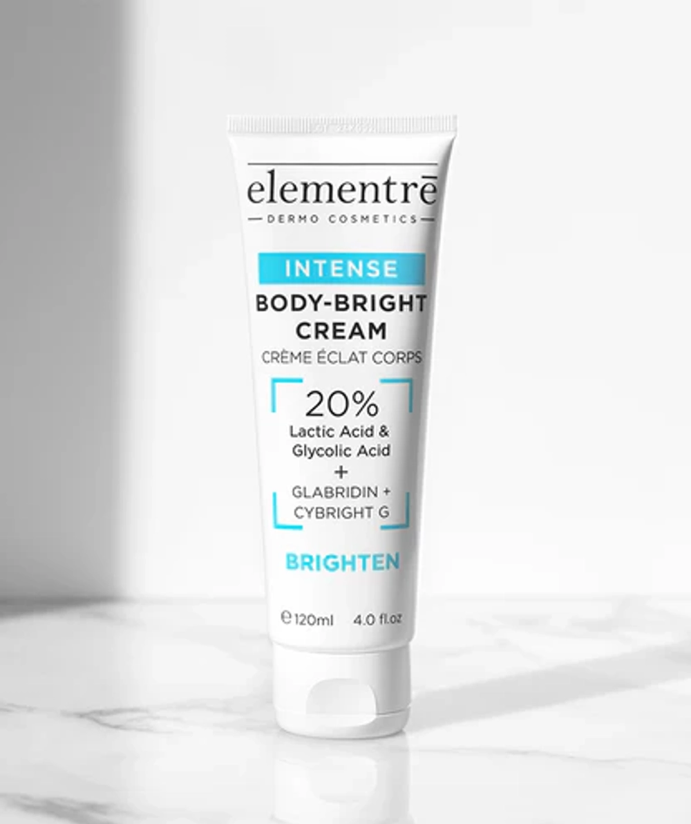 Крем для тела «Осветление» INTENSE BODY BRIGHT - 20% Lactic & Glycolic Acid 120 ml от Elementrè Dermo Cosmetics, Швейцария, Крем нацелен на устранение темных пятен и выравнивание неоднородного тона кожи.
