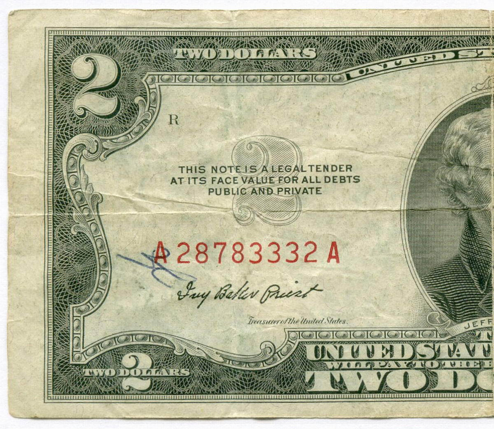 Банкнота США 2 доллара 1953 A 28783332 A. VG (надпись)