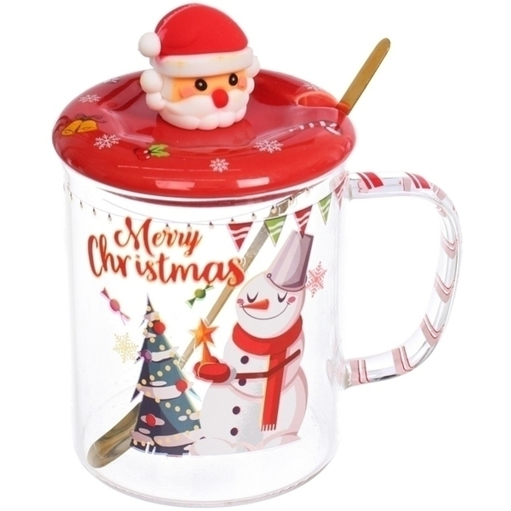 Кружка стеклянная 450мл «Новогодний микс» с ложкой и керамической крышкой