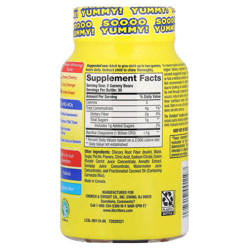 L'il Critters, Пробиотик с пребиотической клетчаткой, со вкусом вишни, апельсина и винограда, 60 жевательных таблеток (0,5 млрд КОЕ в жевательной таблетке)