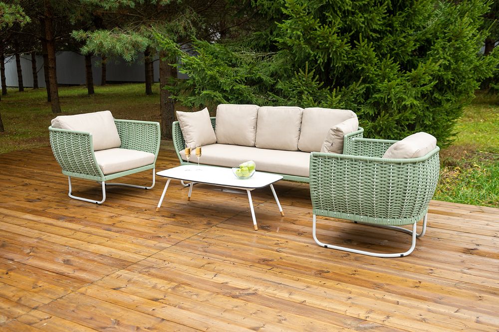 "Фиджи" лаунж-зона 5-местная плетеная из роупа (веревки), каркас алюминиевый светло-серый, роуп зеленый (4204)