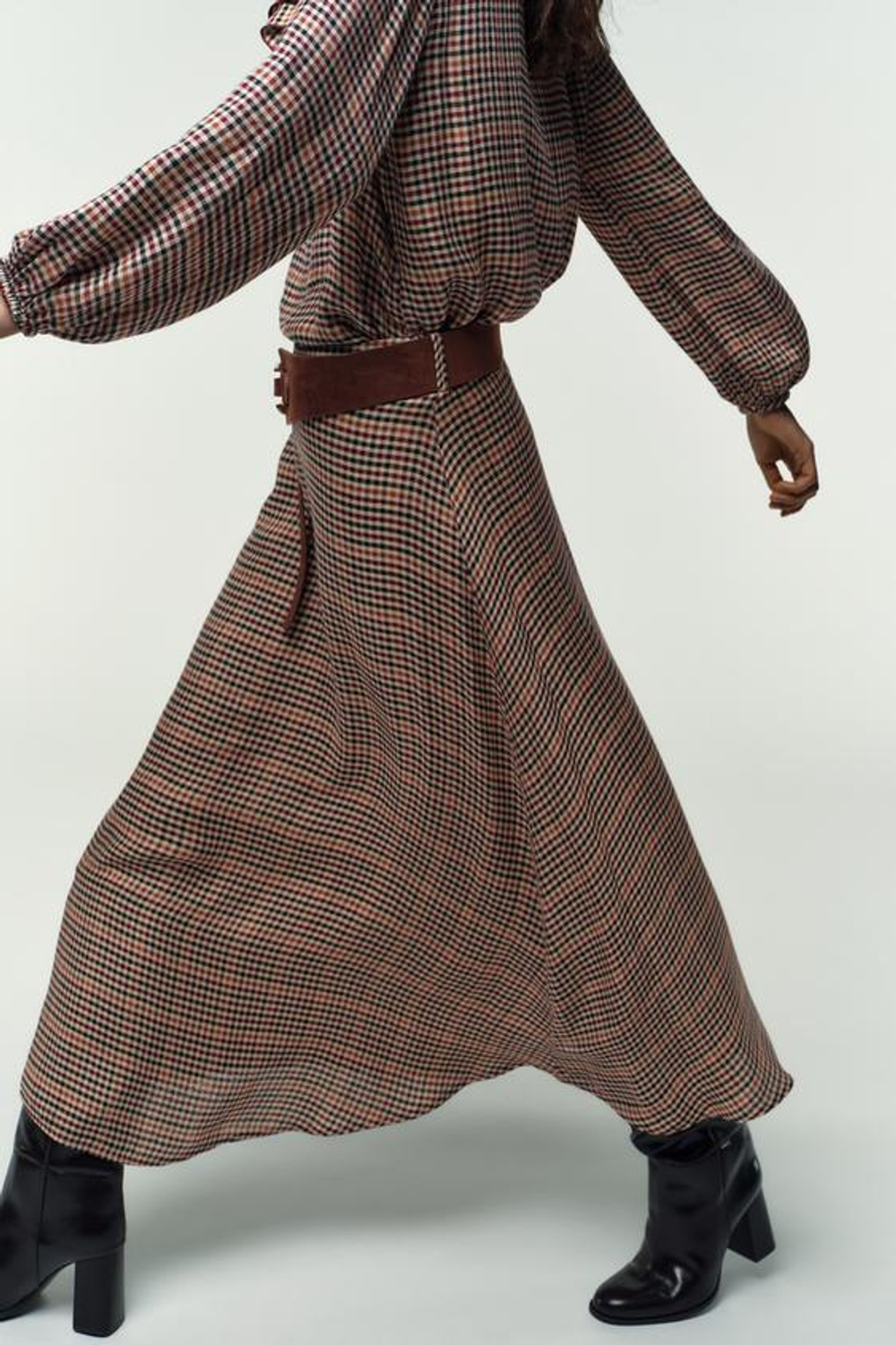 ZARA ЮБКА В КЛЕТКУ С РЕМНЕМ, КОРИЧНЕВЫЙ/ЭКРЮ