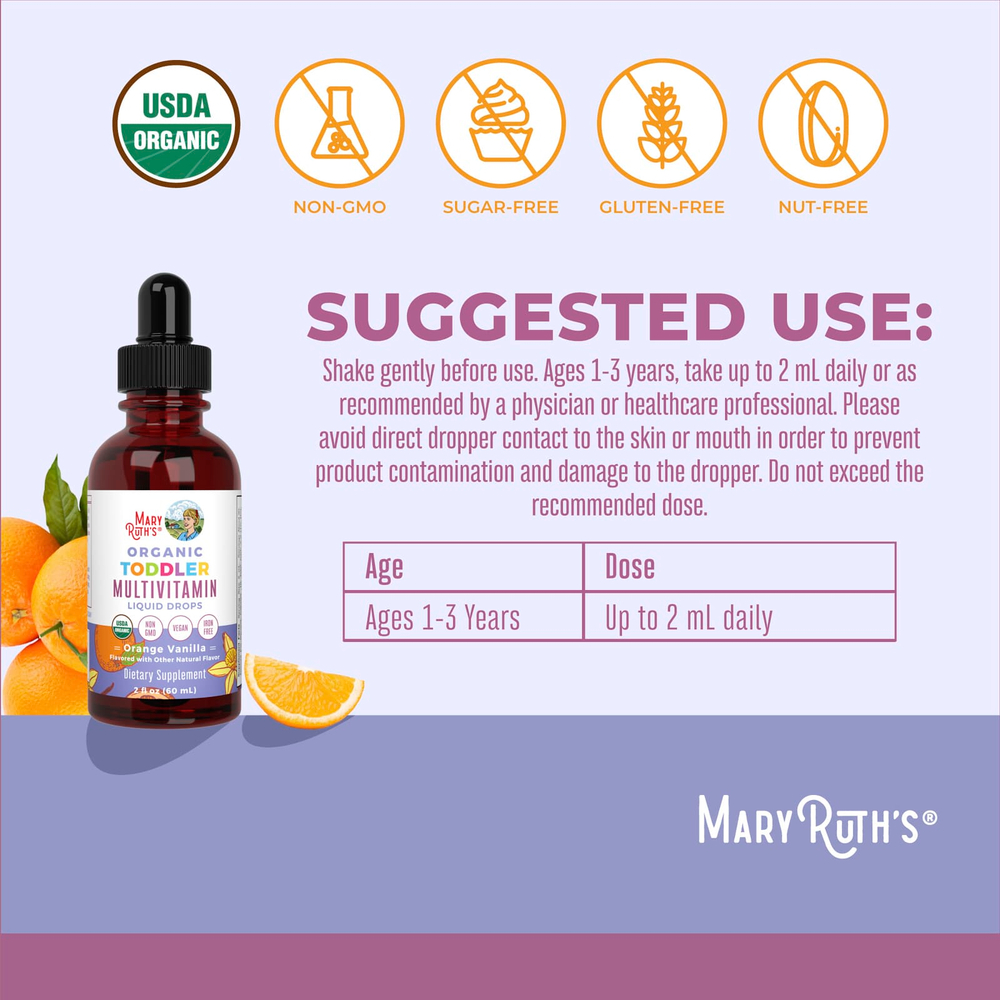 MaryRuth's, Органические мультивитаминные жидкие капли для малышей, для детей от 1 до 3 лет, с апельсином и ванилью, 60 мл (2 жидк. унц.)