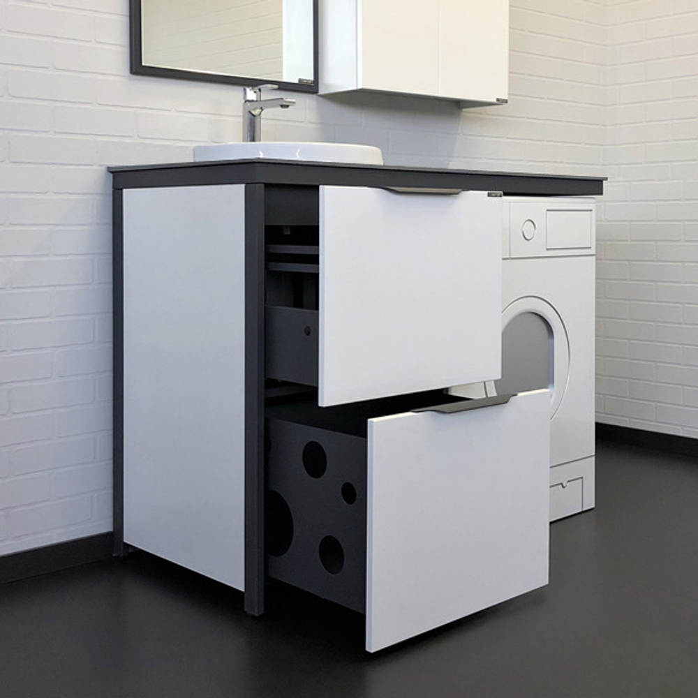 Набор мебели под стиральную машину Comforty Лозанна-120 белый с серой столешницей, с раковиной Art Inside