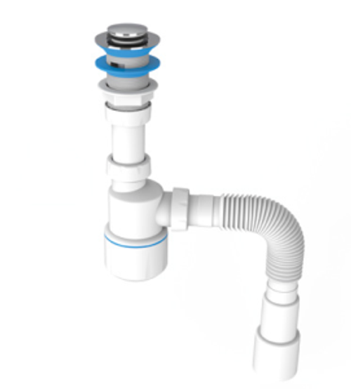 YCC101-0 Сифон для умывальника с мех click-cluck, гайка 32 мм, вых гибкая тр 1 1/4″- 40/50 мм