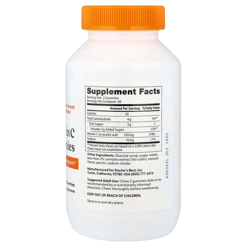 Doctor's Best, жевательные таблетки с витамином C, со вкусом апельсина, 120 жевательных таблеток (125 мг в 1 жевательной таблетке)