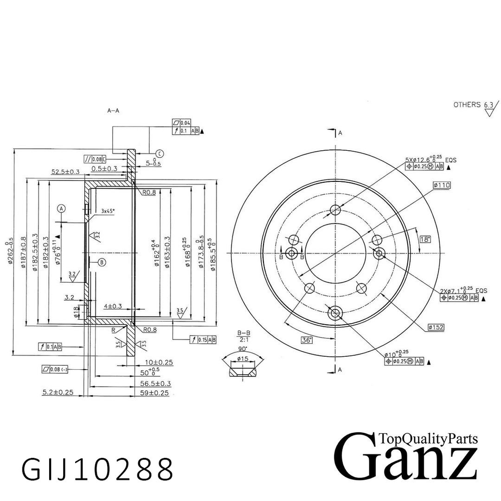 Диск тормозной задний с покрытием CS35   1.6л. 113-125 л.с. 2014-2023 год GANZ GIJ10288