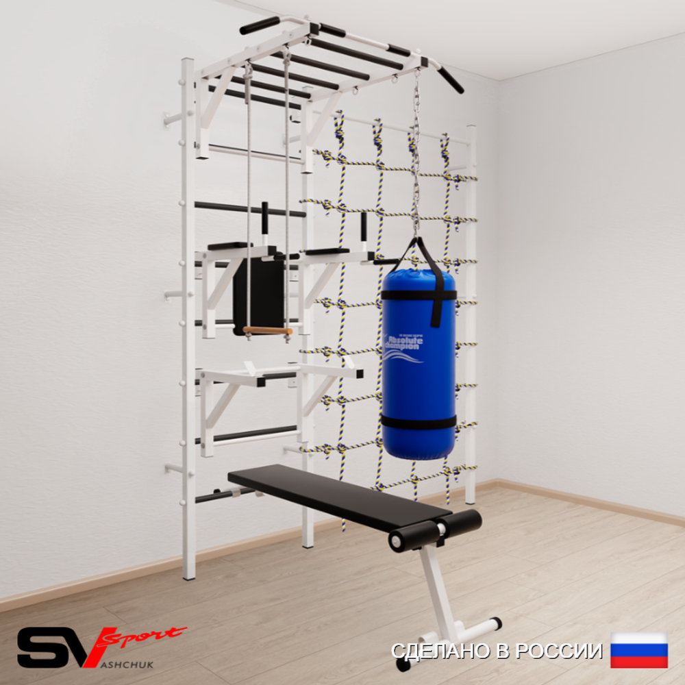 Шведская стенка Sv Sport усиленная 66310 (Турник рукоход/Брусья/Стойка/Скамья/Трапеция/Цепь/Мешок 15кг/Канатный лаз)