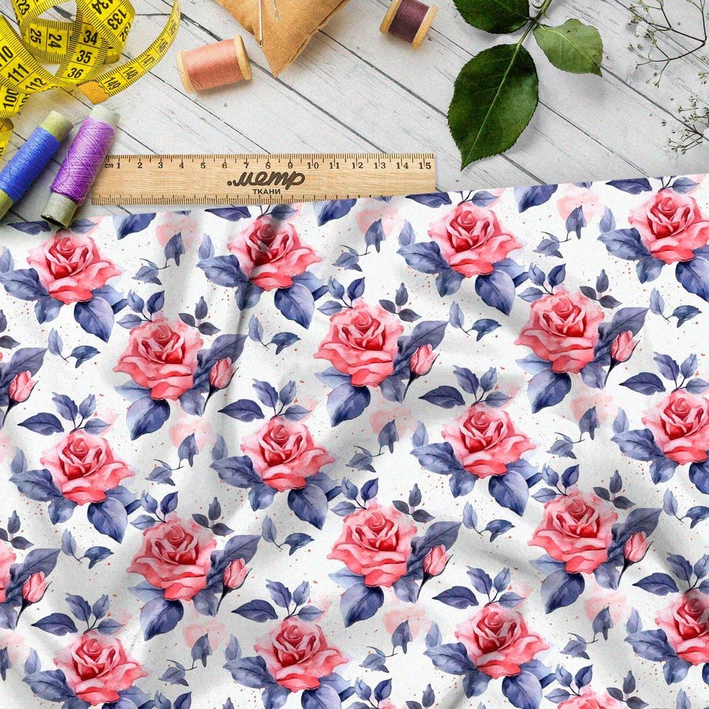 Ткань премиум флис цветочно-розовая иллюстрация