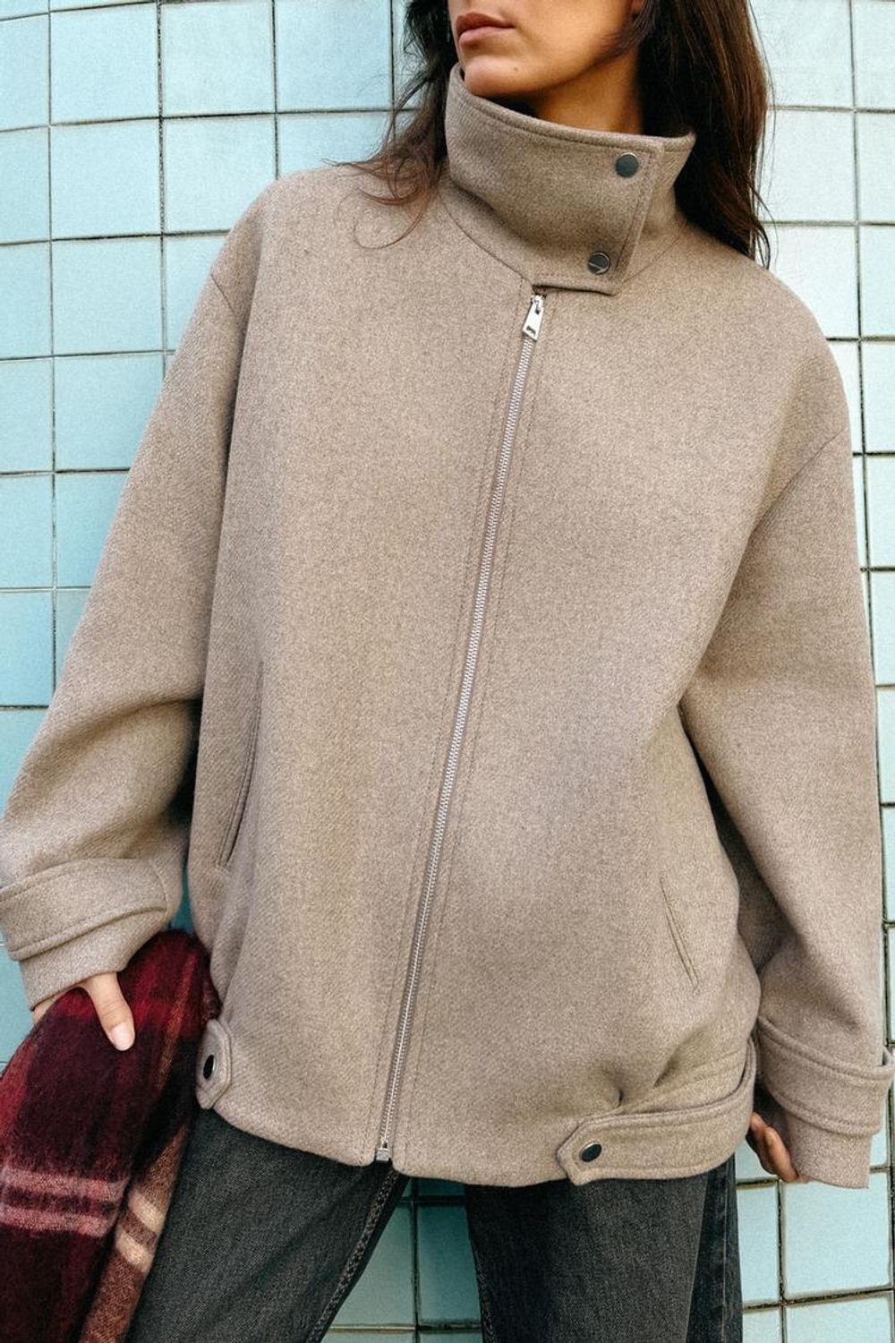 ZARA БОМБЕР ИЗ ШЕРСТИ С ВЫСОКИМ ВОРОТНИКОМ, СВЕТЛЫЙ СЕРО-КОРИЧНЕВЫЙ