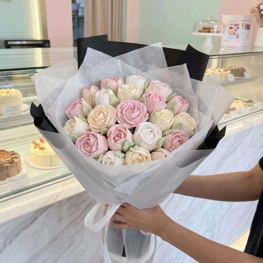 ФУД БУКЕТ Цвет: прозрачная матовая пленка + чёрная плёнка + тишью