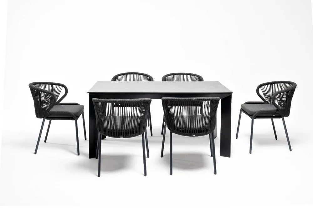 "Венето" обеденная группа на 6 персон со стульями "Милан", каркас темно-серый, роуп темно-серый