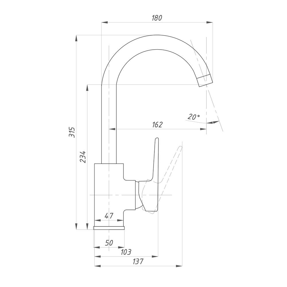 Смеситель для кухни 35к ПРОФСАН ПСМ-200-3 "200" , выс. пов. излив, п/гайку, ХРОМ
