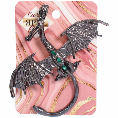 Брошь - оберег «Best Podarok - Серебряный дракон с зелеными стразами», 4.7*4.7см