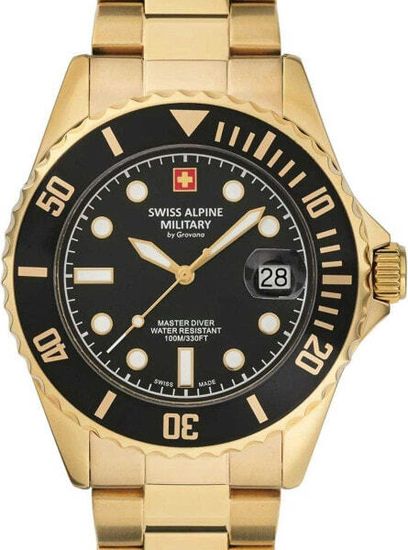 С браслетом Мужские наручные часы с золотым браслетом Swiss Apline Military 7053.1117 diver 42mm 10ATM