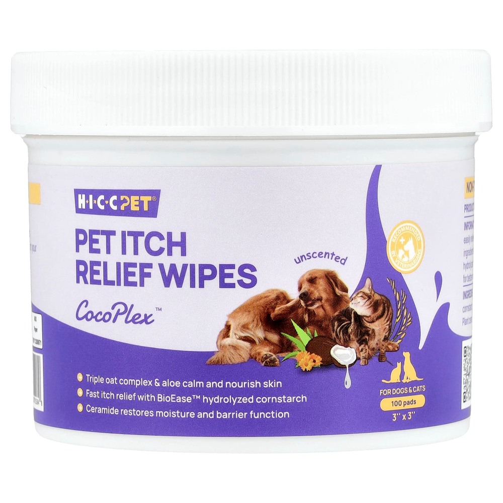 HICC Pet, салфетки для облегчения зуда, для собак и кошек, без запаха, 100 штук