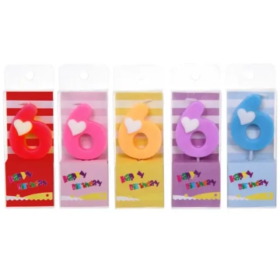 Свеча для торта Цифра Сердечко «6» 9 см, микс цветов