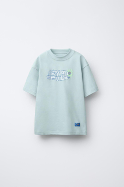 ZARA ФУТБОЛКА ИЗ ТКАНИ С ПРИНТОМ, ЦВЕТ МОРСКОЙ ВОЛНЫ